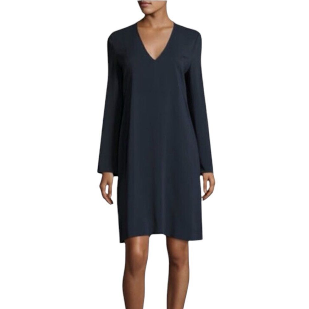 Vince Dark Navy Blue Long Sleeve Crepe Shift Career Midi Dress Sz S